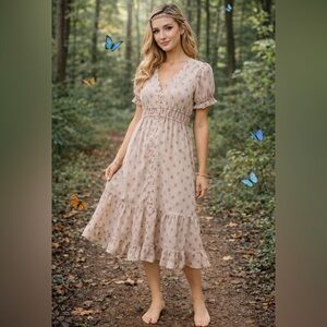 Lost + Wander boho pink midi dress with elastic waist, size Small